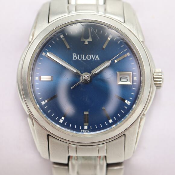Bulova Womens Silver Tone Blue 26mm Date Watch 5.5" Steel Bracelet w New Battery - Picture 6 of 13